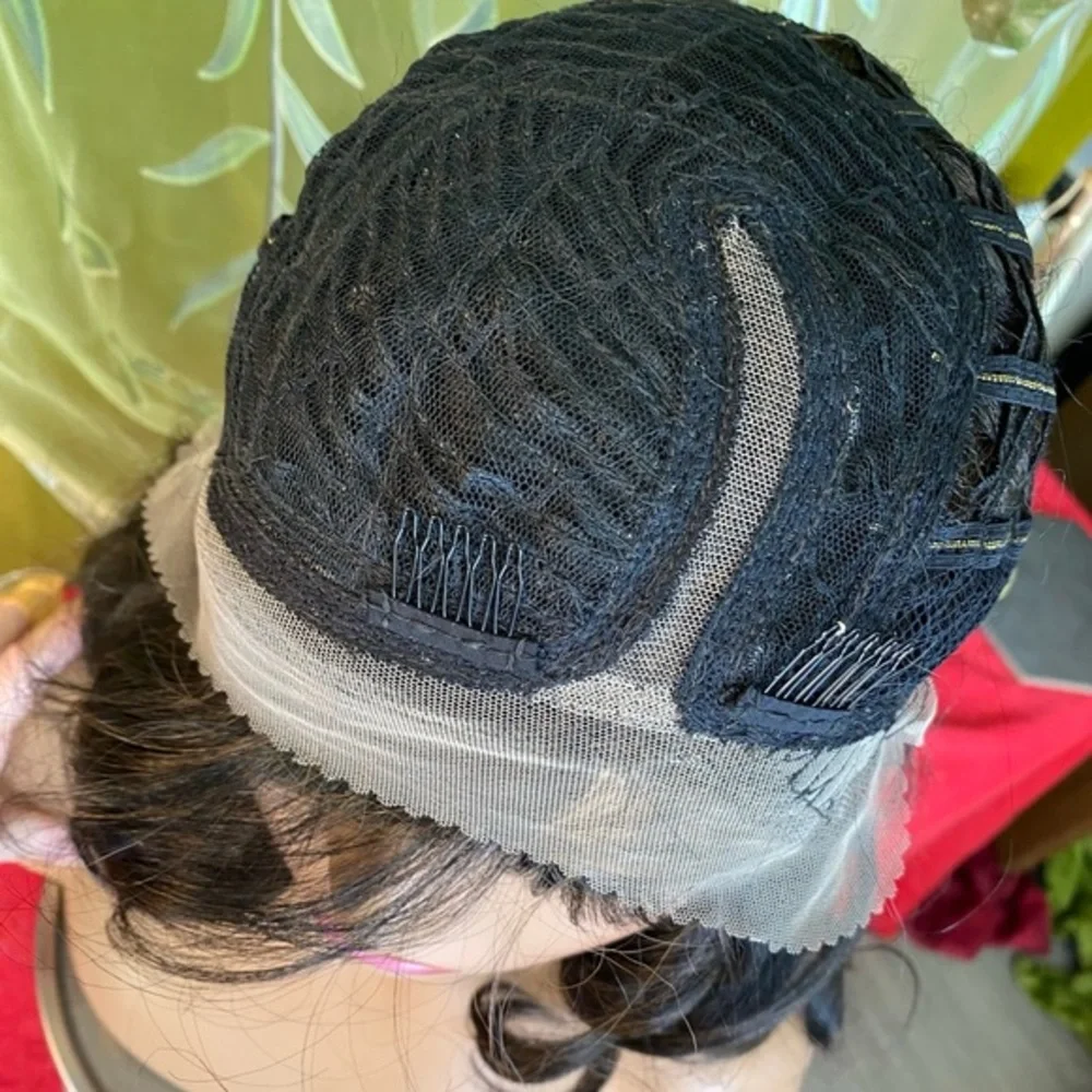prestyled jet black lace front wig with highlights